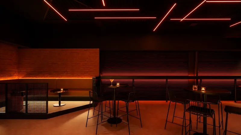 High tables against the slatted screen